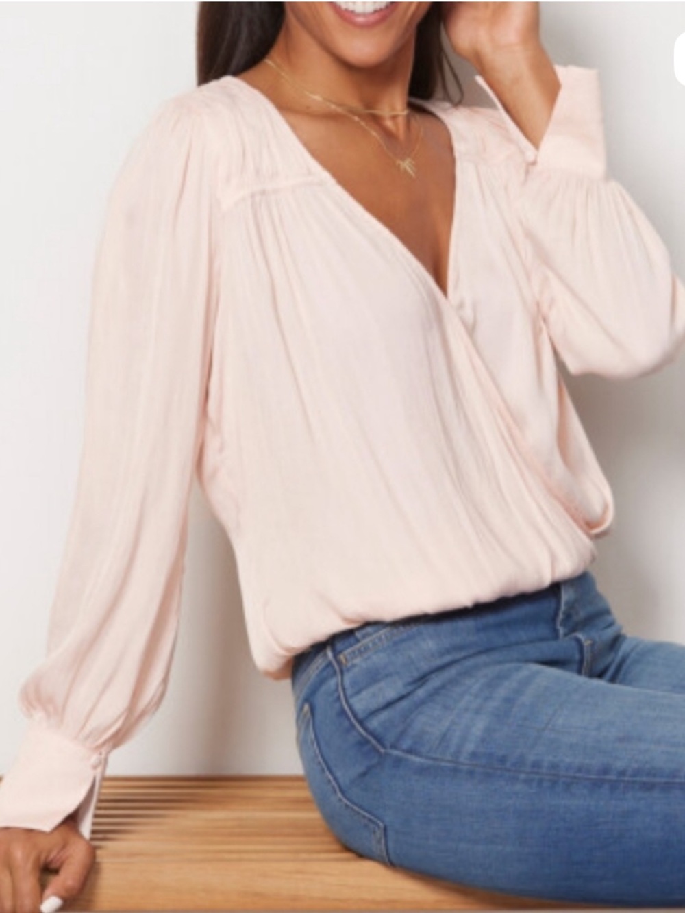 Evereve Rosalie Satin Surplice Blush Pink Long Bishop Sleeve Top Coquette Sz XS